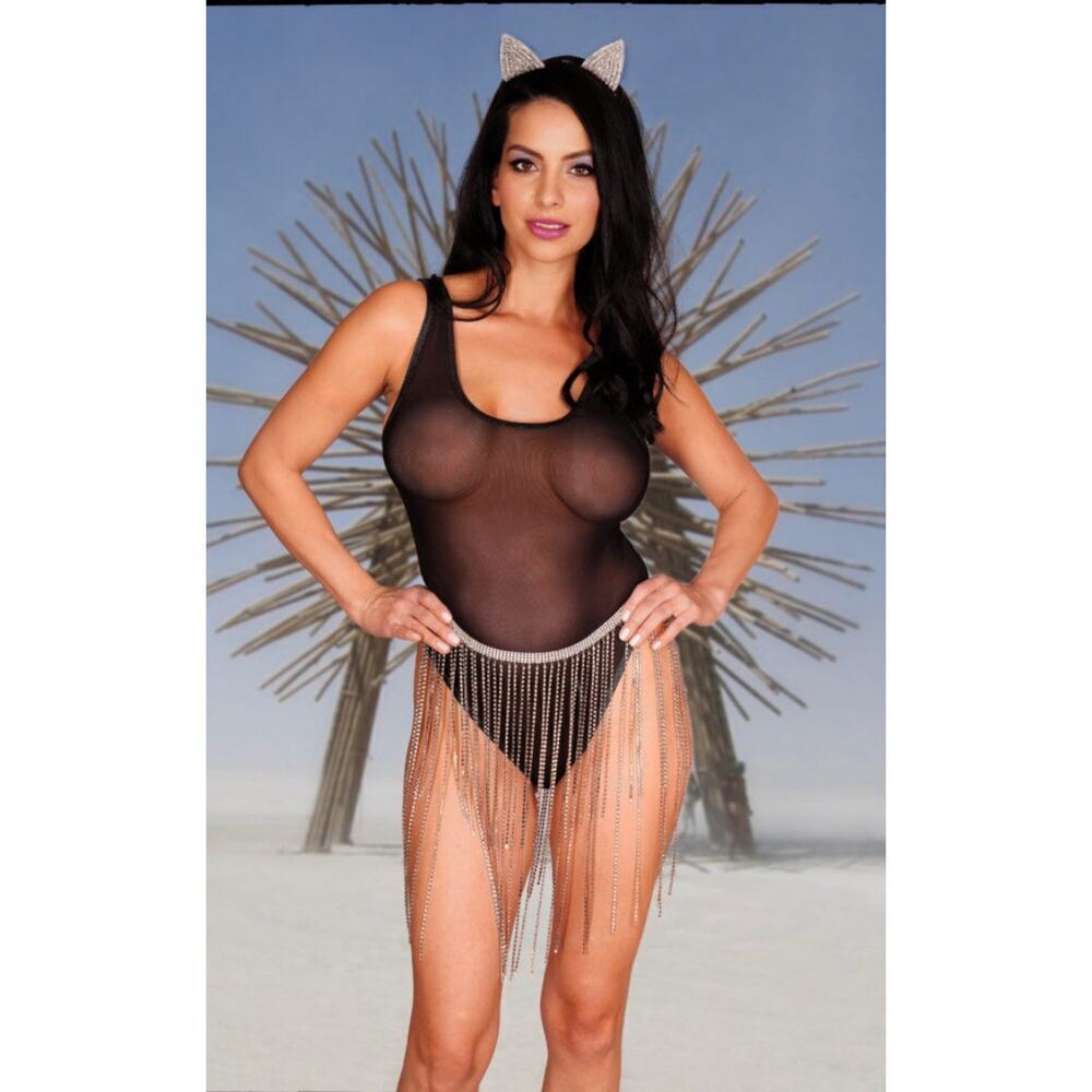 🦋B2G1🦋WESTERN FASHION Sheer Mesh Stretch Bodysuit Holographic Glitter Trim O/S